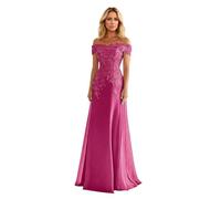 ZOOYYUE Abendkleider Elegant Für Hochzeit,Damen Chiffon Off The Shoulder Elegant Brautmutterkleider Spitzenapplikationen Formelles Lang Abendkleid Für Hochzeit Fuchsia 44