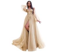 ZOOYYUE Abendkleider Elegant Für Hochzeit,Damen Tüll Schulterfrei Abendkleider Lang Glitzer Langarm Ballkleider A Line Kleid Für Hochzeit Mit Schlitz Champagner 32