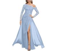 ZOOYYUE Abendkleider große größen Chiffon Pailletten Brautmutterkleider Lang Langarm Abendkleider Spitze Mutter Der Brautkleider Hellblau 38