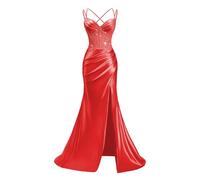 ZOOYYUE Abendkleider Lang,Damen Spaghettiträger Satin Glitzer Lang Ballkleider Spitze Appliques Perlen Formelle Elegant Abendkleider Mit Schlitz Rot 44