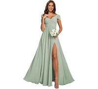 ZOOYYUE Abiballkleid,Damen Off Shoulder Chiffon Brautjungfernkleider Lang - Formeller A-Linie V-Ausschnitt Lang Abendkleider Elegant Hochzeit Schlitz Salbei Grün B 36