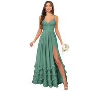 ZOOYYUE Ballkleid,Damen Spaghetti Ruffle Brautjungfernkleider Lang V-Ausschnitt Abendkleider Festlich Elegant Für Hochzeit Maxi Korsett Kleid Eukalyptus 46