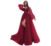 ZOOYYUE Ballkleider Damen,Damen Tüll Schulterfrei Abendkleider Lang Glitzer Langarm Ballkleider A Line Kleid Für Hochzeit Mit Schlitz Weinrot 44