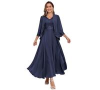 ZOOYYUE Ballkleider,Damen Off Shoulder Chiffon Brautjungfernkleider Lang - Formeller A-Linie V-Ausschnitt Lang Abendkleider Elegant Hochzeit Schlitz Marine 44