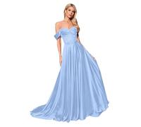 ZOOYYUE Ballkleider,Damen Perlen Korsett Glitzer Ballkleider Lang Schulterfrei Satin Abendkleider Elegant Für Hochzeit Mit Schlitz Hellblau 44