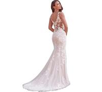 ZOOYYUE Brautkleid Langarm,Damen Lange Boho Brautkleider Spitze Strand Hochzeitskleid Böhmisches Standesamt Ärmellos Brautkleid Elfenbein 58