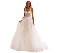 ZOOYYUE Brautkleid Prinzessin Glitzer,Damen Lange Boho Brautkleider Spitze Strand Hochzeitskleid Böhmisches Standesamt Ärmellos Brautkleid Elfenbein 46
