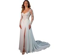 ZOOYYUE Brautkleid Prinzessin Glitzer,Damen Spitzenapplikationen Boho Brautkleider V-Ausschnitt Lang Hochzeitskleider Standesamtkleider Für Die Braut Mit Schlitz Weiß 46