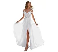 ZOOYYUE Brautkleid Schulterfreier Spitzenapplikation Tüll Hochzeitskleid Boho Lange A-Linie Brautmode Brautkleider mit Schleppe Weiß 50