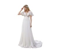 ZOOYYUE Brautkleider Elegantes Floral Spitze Hochzeitskleid Braut Prinzessin V-Ausschnitt Kurze Ärmel Standesamtkleider Boho Beach Brautmode Brautkleid Elfenbein-A 46