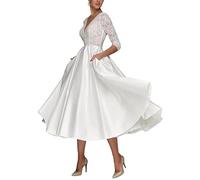 ZOOYYUE Brautkleider V-Ausschnitt Spitze Hochzeitskleider Satin Tee Länge Standesamt Brautmode Brautkleider Elfenbein 40