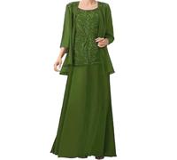 ZOOYYUE Brautmutterkleider,Damen Chiffon Spitzenapplikationen 2 Teiler Brautmutterkleider Für Hochzeit Mit Jacken 3/4-Ärmel Brautmutter Lang Abendkleider Olive 52