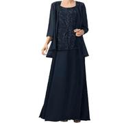 ZOOYYUE Brautmutterkleider,Damen Chiffon Spitzenapplikationen 2 Teiler Brautmutterkleider Für Hochzeit Mit Jacken 3/4-Ärmel Brautmutter Lang Abendkleider Marineblau 44