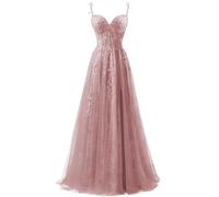 ZOOYYUE Damen Abendkleid Lang,Damen Spaghettiträger Tüll Ballkleider Lang Spitzenapplikationen Abendkleid A-Linie Abschlussballkleider Mit Schlitz Staubige Rose 38