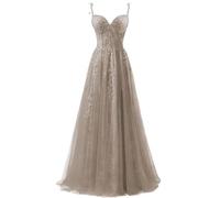 ZOOYYUE Damen Kleid Elegant,Damen Spaghettiträger Tüll Ballkleider Lang Spitzenapplikationen Abendkleid A-Linie Abschlussballkleider Mit Schlitz Taupe 56