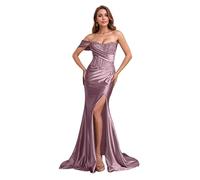ZOOYYUE Elegant Satin Abendkleider Meerjungfrauen Spitzenapplikationen Ballkleider Damen Schulterfrei Brautjungfernkleider Lang mit Schlitz