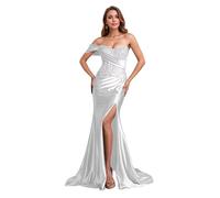 ZOOYYUE Elegant Satin Abendkleider Meerjungfrauen Spitzenapplikationen Ballkleider Damen Schulterfrei Brautjungfernkleider Lang mit Schlitz