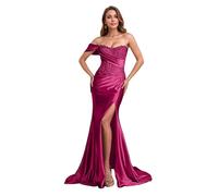 ZOOYYUE Elegant Satin Abendkleider Meerjungfrauen Spitzenapplikationen Ballkleider Damen Schulterfrei Brautjungfernkleider Lang mit Schlitz