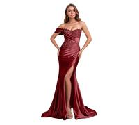 ZOOYYUE Elegant Satin Abendkleider Meerjungfrauen Spitzenapplikationen Ballkleider Damen Schulterfrei Brautjungfernkleider Lang mit Schlitz