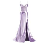 ZOOYYUE Elegante Kleider,Damen Perlen Korsett Glitzer Ballkleider Lang Schulterfrei Satin Abendkleider Elegant Für Hochzeit Mit Schlitz Pflaume 44