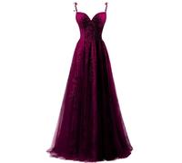 ZOOYYUE Elegantes Abendkleid,Damen Spaghettiträger Tüll Ballkleider Lang Spitzenapplikationen Abendkleid A-Linie Abschlussballkleider Mit Schlitz Wüstenrose 58