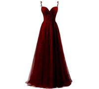 ZOOYYUE Evening Dress,Damen Spaghettiträger Tüll Ballkleider Lang Spitzenapplikationen Abendkleid A-Linie Abschlussballkleider Mit Schlitz Burgunderrot 32