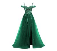 ZOOYYUE Evening Dress,Spaghettiträger Tüll Ballkleider Damen Schulterfrei Lang Abendkleider Perlen Spitzenapplikationen Abschlussballkleider Mit Schlitz Smaragdgrün 40