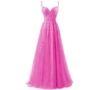 ZOOYYUE Festliches Kleid Damen Hochzeit,Damen Spaghettiträger Tüll Ballkleider Lang Spitzenapplikationen Abendkleid A-Linie Abschlussballkleider Mit Schlitz Heißes Rosa 42