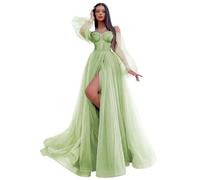 ZOOYYUE Festliches Kleid Damen Hochzeit,Damen Tüll Schulterfrei Abendkleider Lang Glitzer Langarm Ballkleider A Line Kleid Für Hochzeit Mit Schlitz Salbeigrün 44