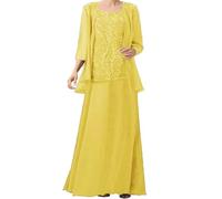ZOOYYUE Kleid Damen Große Größen,Damen Chiffon Spitzenapplikationen 2 Teiler Brautmutterkleider Für Hochzeit Mit Jacken 3/4-Ärmel Brautmutter Lang Abendkleider Gelb 48