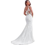 ZOOYYUE Kleid Hochzeitsgast Damen,Damen Lange Boho Brautkleider Spitze Strand Hochzeitskleid Böhmisches Standesamt Ärmellos Brautkleid Weiß 42