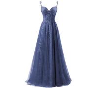 ZOOYYUE Kleid Lang Elegant,Damen Spaghettiträger Tüll Ballkleider Lang Spitzenapplikationen Abendkleid A-Linie Abschlussballkleider Mit Schlitz Grau-Blau 50