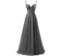ZOOYYUE Kleider Damen Elegant,Damen Spaghettiträger Tüll Ballkleider Lang Spitzenapplikationen Abendkleid A-Linie Abschlussballkleider Mit Schlitz Grau 38