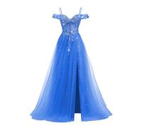 ZOOYYUE Kleider Damen Elegant,Spaghettiträger Tüll Ballkleider Damen Schulterfrei Lang Abendkleider Perlen Spitzenapplikationen Abschlussballkleider Mit Schlitz Königsblau 40