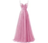 ZOOYYUE Kleider Damen Festlich,Damen Spaghettiträger Tüll Ballkleider Lang Spitzenapplikationen Abendkleid A-Linie Abschlussballkleider Mit Schlitz Rosa 56