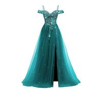 ZOOYYUE Kleider Elegant,Spaghettiträger Tüll Ballkleider Damen Schulterfrei Lang Abendkleider Perlen Spitzenapplikationen Abschlussballkleider Mit Schlitz Pfau 50