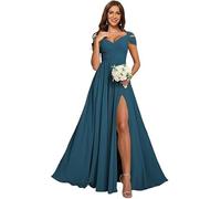 ZOOYYUE Langes Kleid Mit Ärmeln,Damen Off Shoulder Chiffon Brautjungfernkleider Lang - Formeller A-Linie V-Ausschnitt Lang Abendkleider Elegant Hochzeit Schlitz Blaublau 52