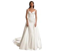 ZOOYYUE Meerjungfrau Satin Brautkleider Spaghetti-Träger Spitze Hochzeitskleider V Ausschnitt Brautmode Standesamt Brautkleid mit Schleppe Elfenbein 38