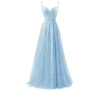 ZOOYYUE Partykleider,Damen Spaghettiträger Tüll Ballkleider Lang Spitzenapplikationen Abendkleid A-Linie Abschlussballkleider Mit Schlitz Himmelblau 50