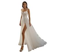 ZOOYYUE Spaghettiträger Brautkleider Elegantes Floral Spitze Hochzeitskleid mit Schlitz Braut Prinzessin Tüll Maxi Standesamtkleider Boho Beach Brautmode BrautkleidElfenbein-D 54