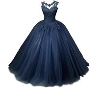 Zorayi Damen Elegante Spitze Tüll Abendkleid Abschlussballkleider Lange Ballkleid Brautkleider Quinceanera Kleider Marineblau Größe 42
