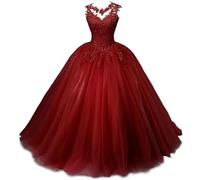 Zorayi Damen Elegante Spitze Tüll Abendkleid Abschlussballkleider Lange Ballkleid Brautkleider Quinceanera Kleider Weinrot Größe 38