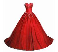 Zorayi Damen Glitzer Trägerlos Tüll Spitze Prinzessin Abschlussballkleider Ballkleid Hochzeitskleider Rot Größe 50