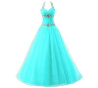 Zorayi Damen Lange Halfter Kristall Tüll A-Linie Abendkleid Prom Ballkleid Partykleider Türkis Größe 40