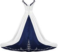 Zorayi Damen V-Ausschnitt Kapelle-Schleppe Perlen Stickerei Satin Hochzeitskleid Brautkleider Elfenbein & Marineblau Größe 42