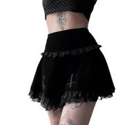 Zouyuan Dark Gothic Samt Rock Frauen Vintage Mall Goth Punk Cross Stickerei Hohe Taille Schwarz Spitze Trim Alternative Rock