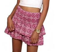 ZQUZEMS Kurzer Rock Floral Plissee Kurzer Rock Vintage High Taille Rüsche Mini Rock Böhmisches Kleid-Fa025-5-S