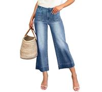 ZRYAZQ 7/8 Hose Damen Sommer Jeans Weit Sommerhose Damen Leicht 7/8 Weites Bein Jeanshose Baggy High Waist Palazzo Hosen Sommer Denim Mit Knopfleiste Elegant Sommerhosen Frauen Luftig Mit Taschen