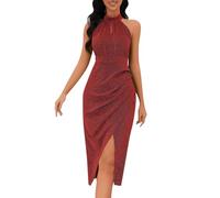 ZRYAZQ Cocktailkleid Damen Lang Hochzeitsgast Kleid Damen Festlich Neckholder Elegant Abendkleid Hochzeit Glitzerkleid Midi Festliche Kleider Ärmellos Plissee Partykleid Glitzer mit Schlitz Ballkleid