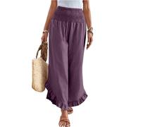 ZRYAZQ Damen Sommerhose Leicht Und Luftig Lang Leinenhose Damen Sommer Weites Bein Boho Mit Gummizug Hosen Sommer Baggy Hohe Taile Rüschen Palazzo Hose Frauen Baumwolle Leinen Strandhose Plissee